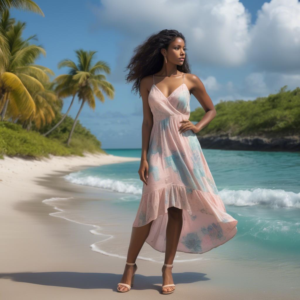 A stunning image of trinidadian model exuding radiant confidence in a pastel sundress under ocean breezes.
