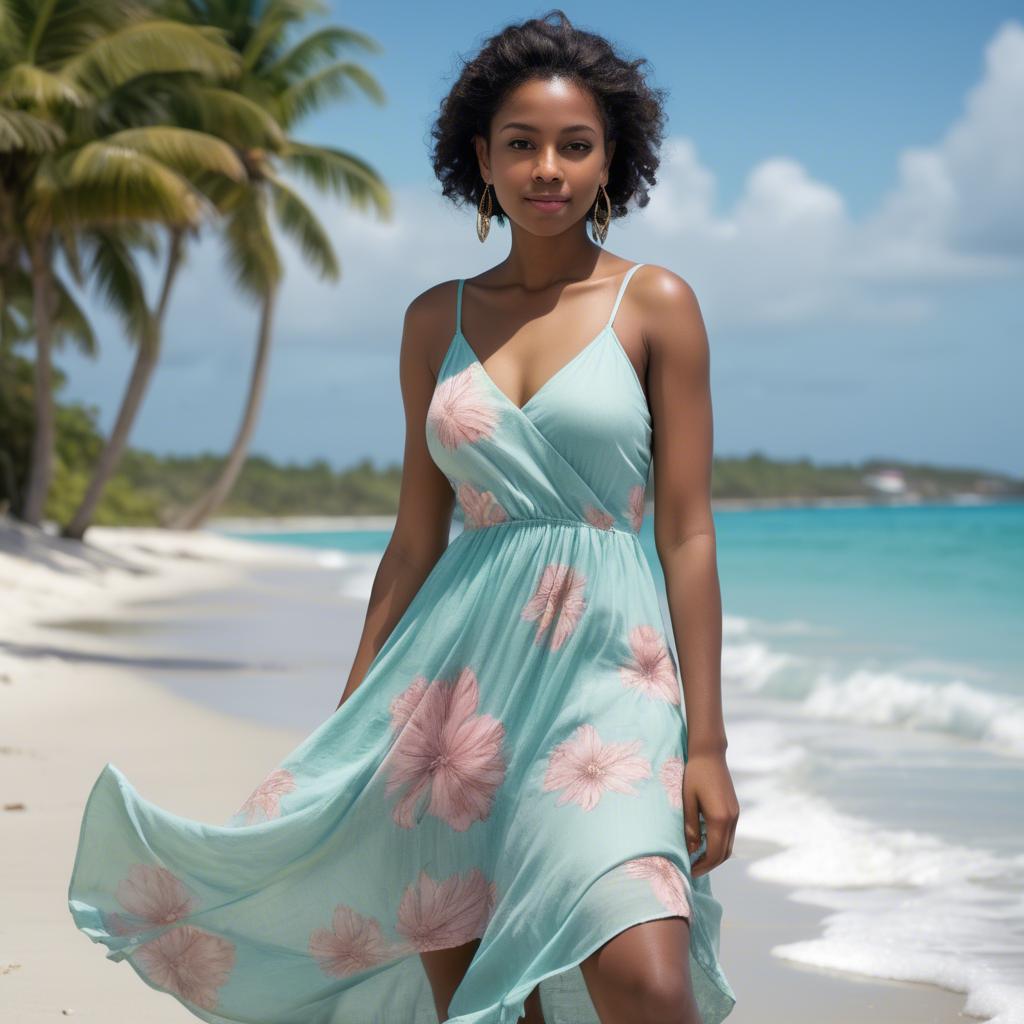 A stunning image of trinidadian model exuding radiant confidence in a pastel sundress under ocean breezes.