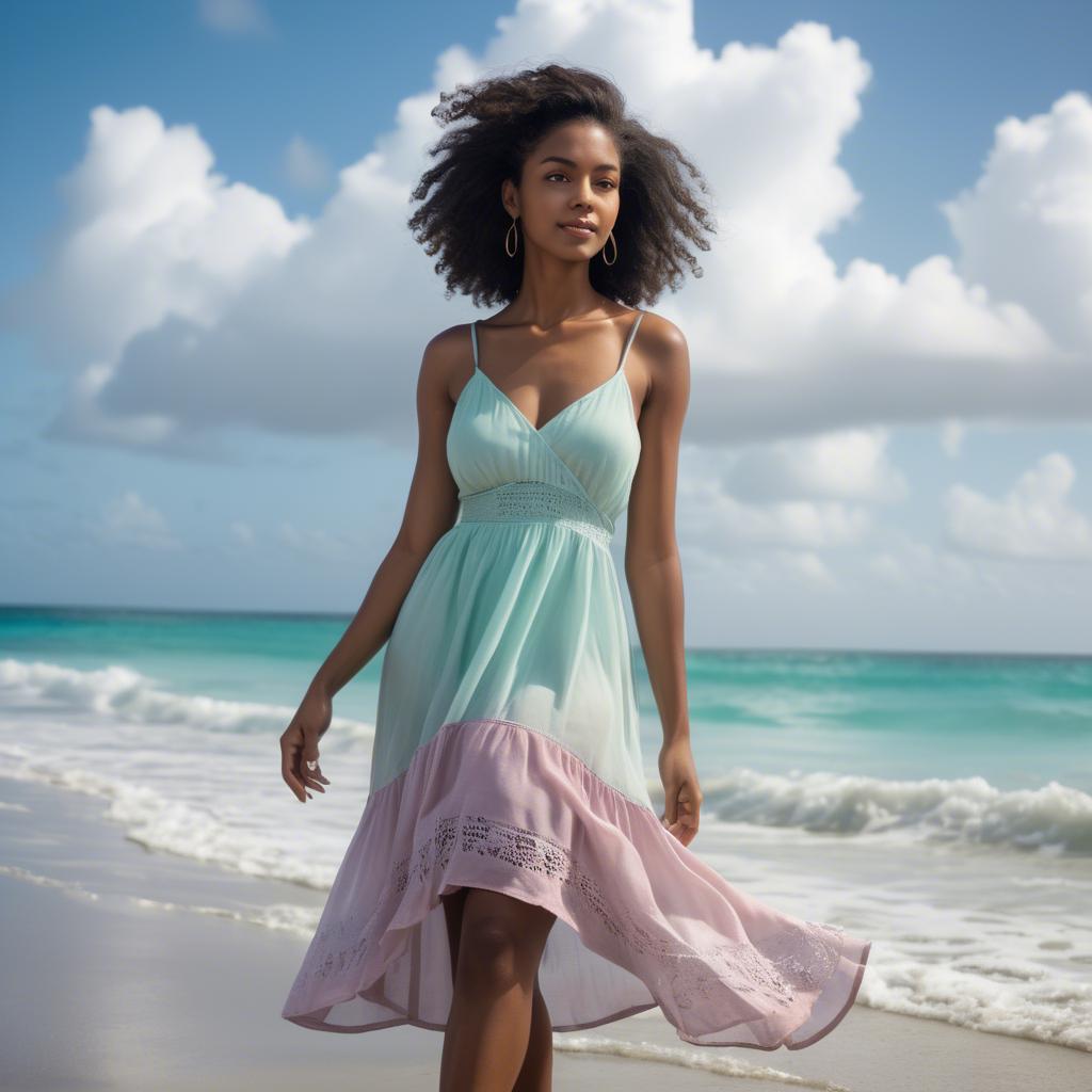 A stunning image of trinidadian model exuding radiant confidence in a pastel sundress under ocean breezes.