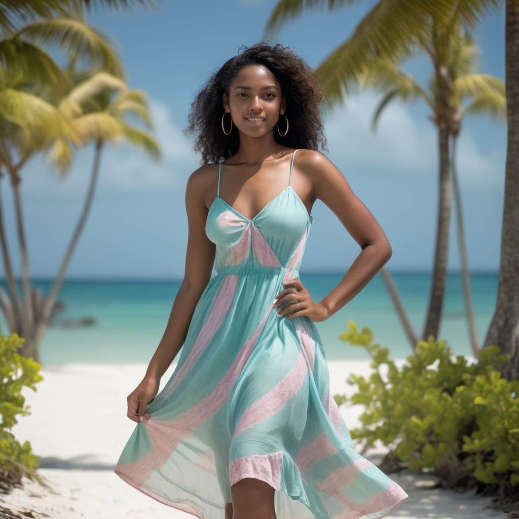 A stunning image of trinidadian model exuding radiant confidence in a pastel sundress under ocean breezes.