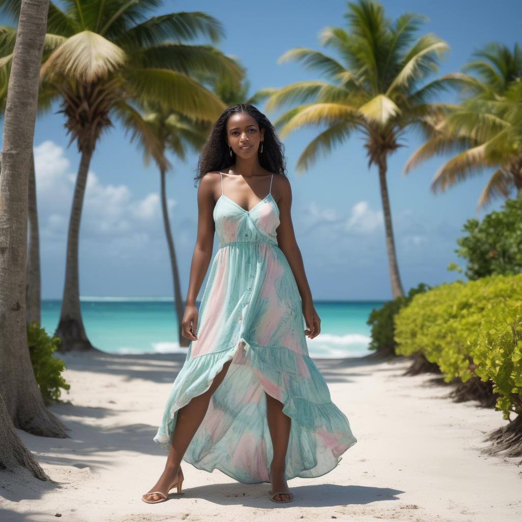 A stunning image of trinidadian model exuding radiant confidence in a pastel sundress under ocean breezes.