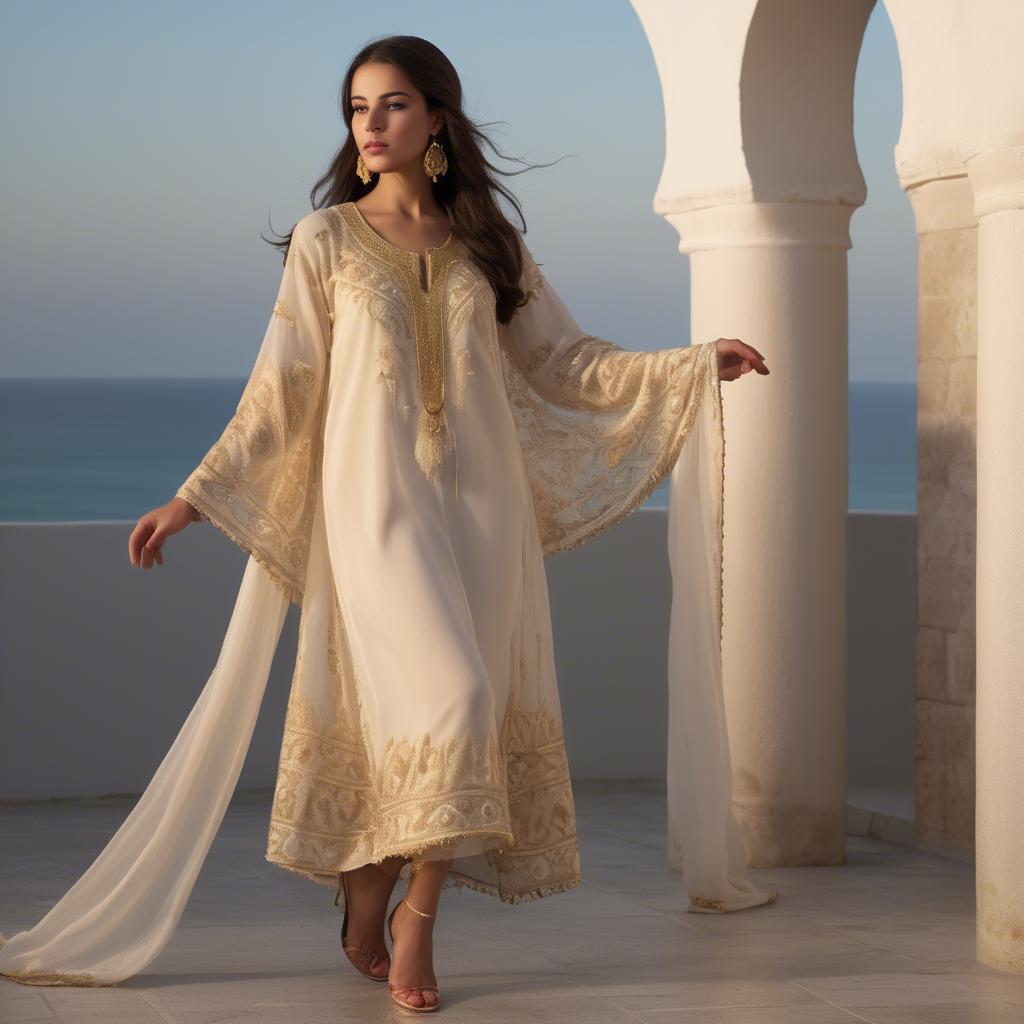 A stunning image of tunisian elegance wearing a delicate embroidered ensemble illuminated by soft golden reflections.