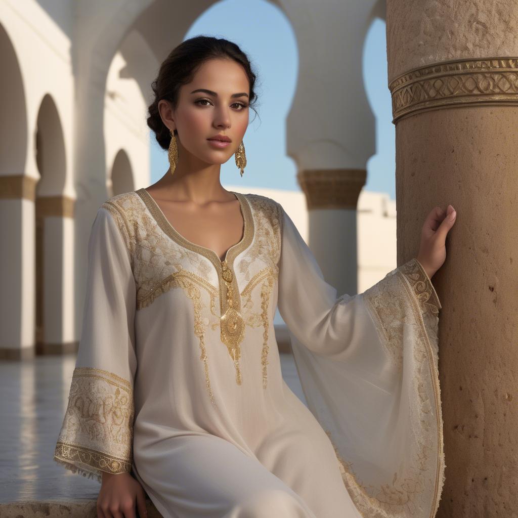 A stunning image of tunisian elegance wearing a delicate embroidered ensemble illuminated by soft golden reflections.