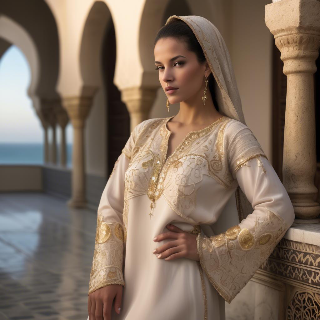A stunning image of tunisian elegance wearing a delicate embroidered ensemble illuminated by soft golden reflections.