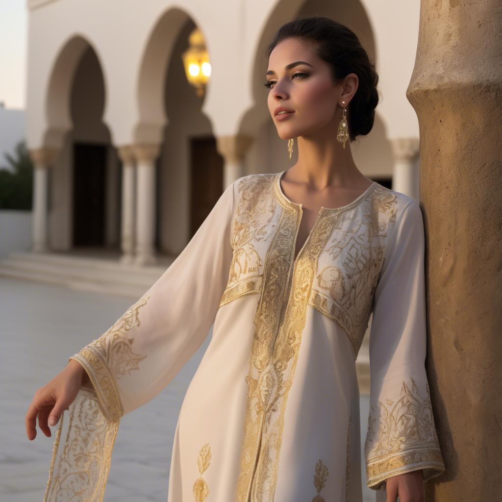 A stunning image of tunisian elegance wearing a delicate embroidered ensemble illuminated by soft golden reflections.