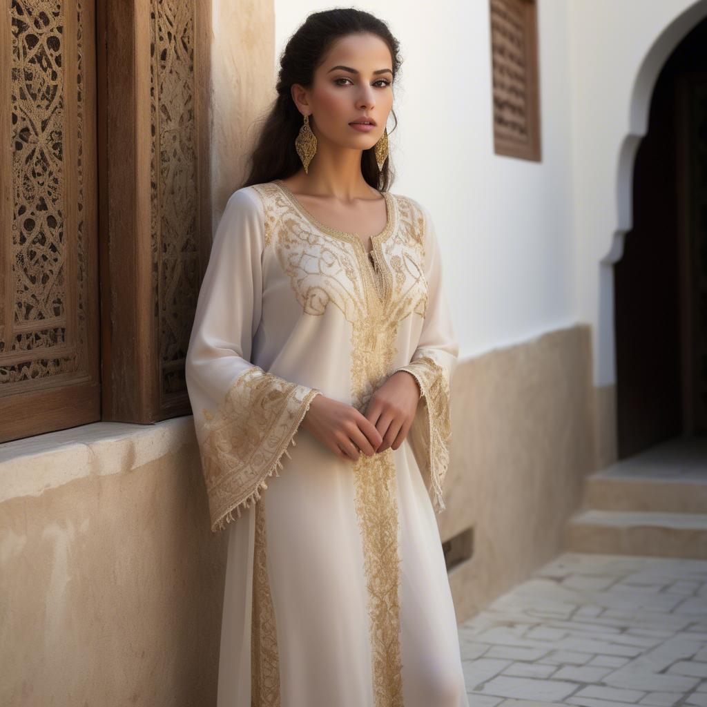 A stunning image of tunisian elegance wearing a delicate embroidered ensemble illuminated by soft golden reflections.