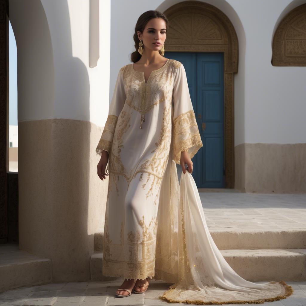 A stunning image of tunisian elegance wearing a delicate embroidered ensemble illuminated by soft golden reflections.