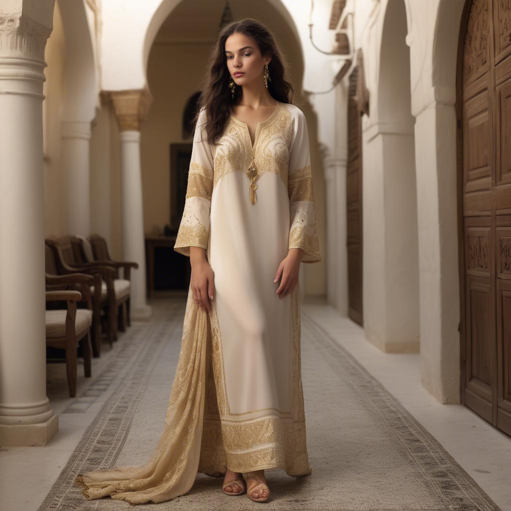 A stunning image of tunisian elegance wearing a delicate embroidered ensemble illuminated by soft golden reflections.