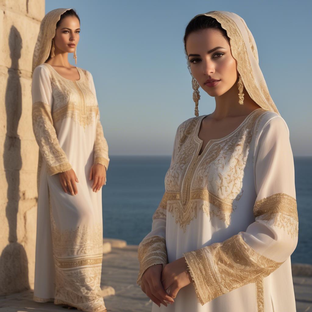 A stunning image of tunisian elegance wearing a delicate embroidered ensemble illuminated by soft golden reflections.