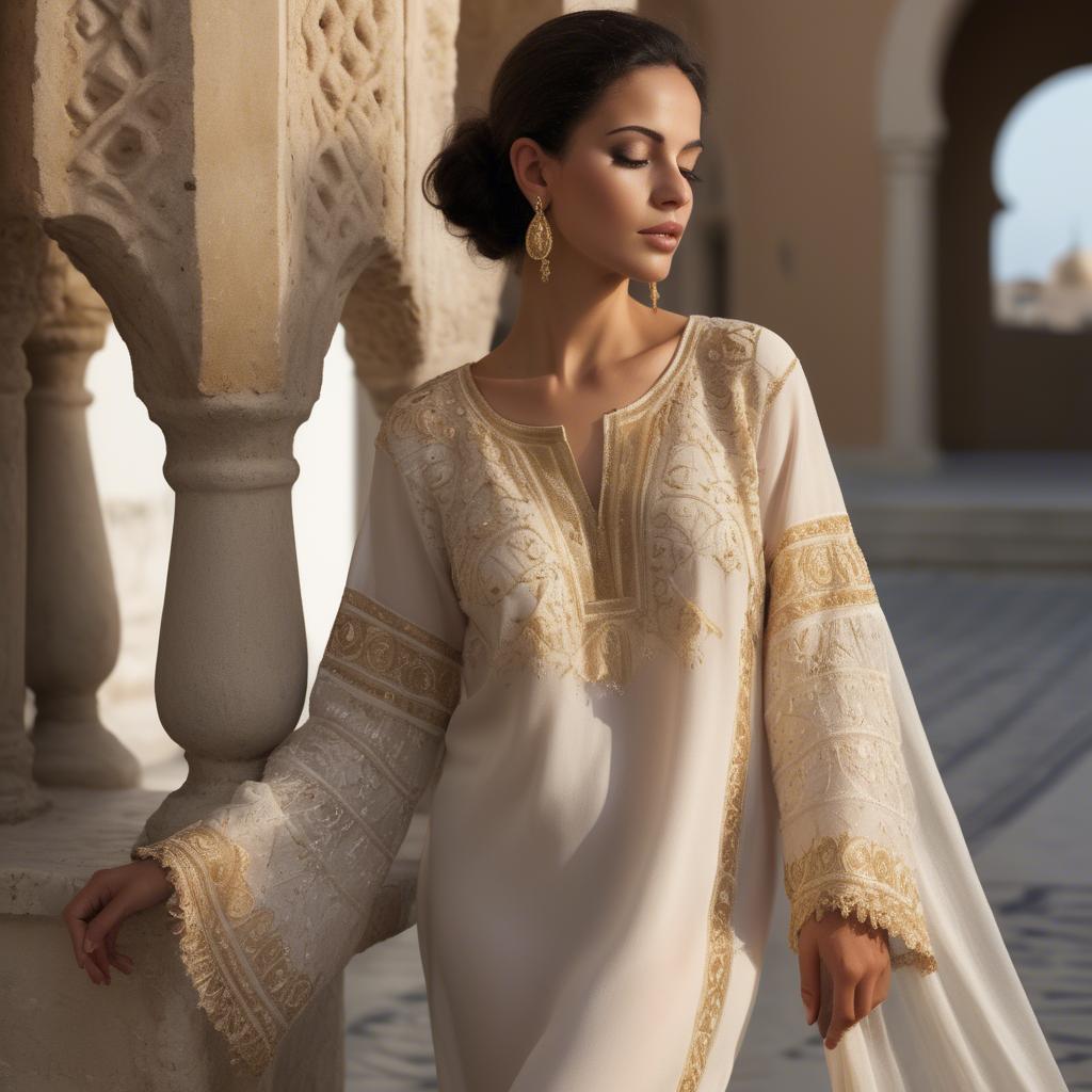 A stunning image of tunisian elegance wearing a delicate embroidered ensemble illuminated by soft golden reflections.