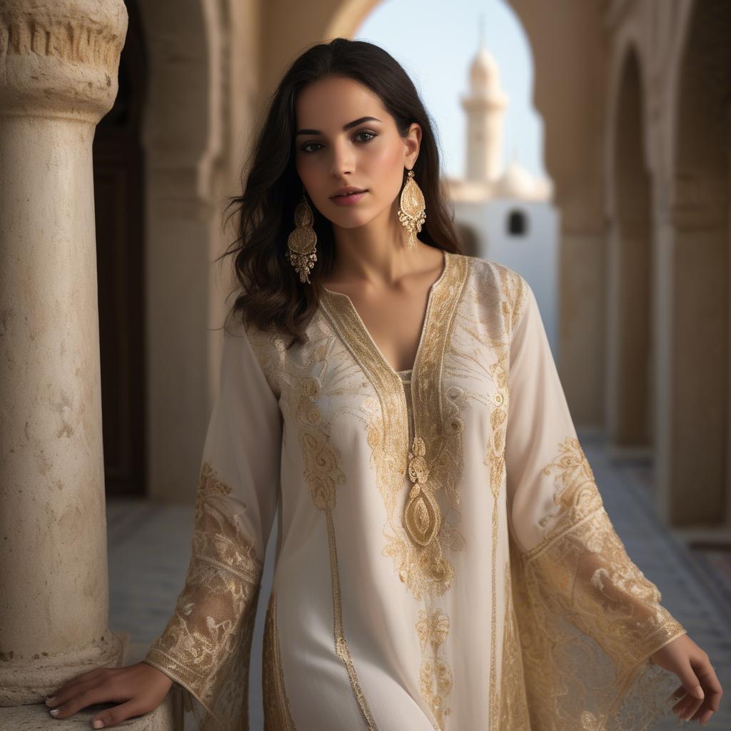 A stunning image of tunisian elegance wearing a delicate embroidered ensemble illuminated by soft golden reflections.