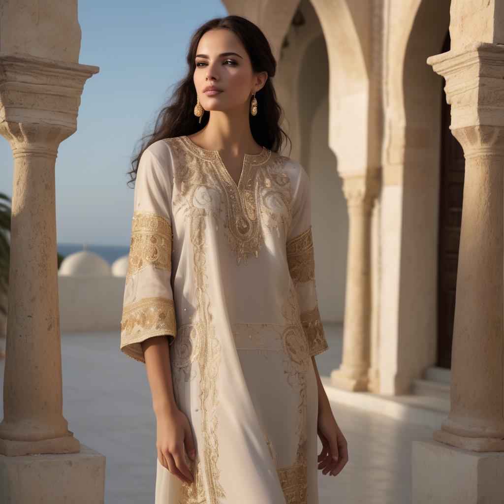 A stunning image of tunisian elegance wearing a delicate embroidered ensemble illuminated by soft golden reflections.