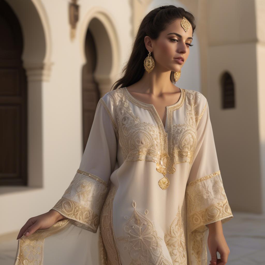 A stunning image of tunisian elegance wearing a delicate embroidered ensemble illuminated by soft golden reflections.
