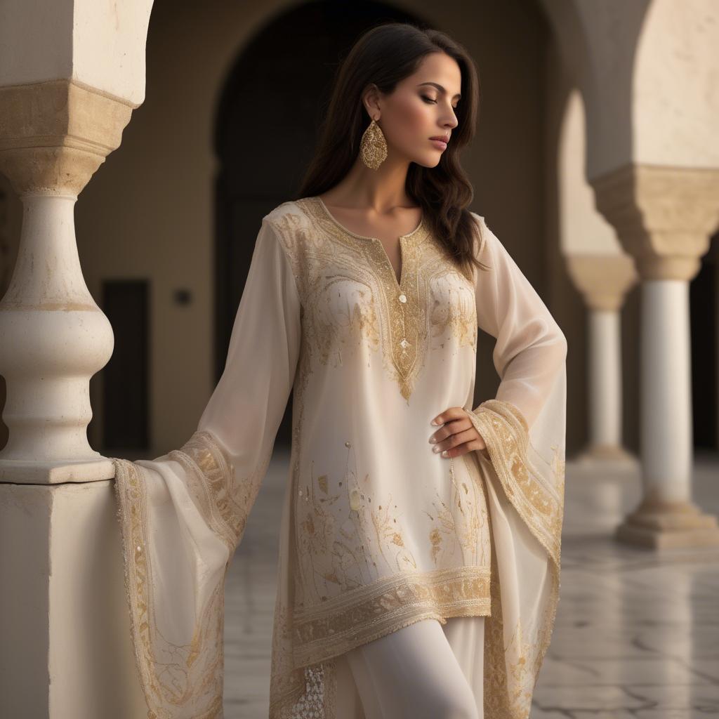 A stunning image of tunisian elegance wearing a delicate embroidered ensemble illuminated by soft golden reflections.