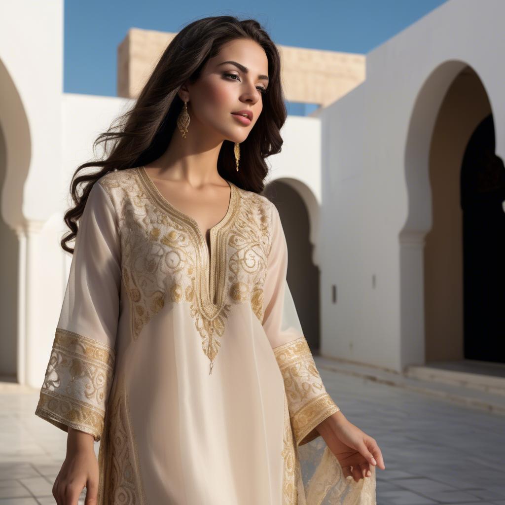 A stunning image of tunisian elegance wearing a delicate embroidered ensemble illuminated by soft golden reflections.