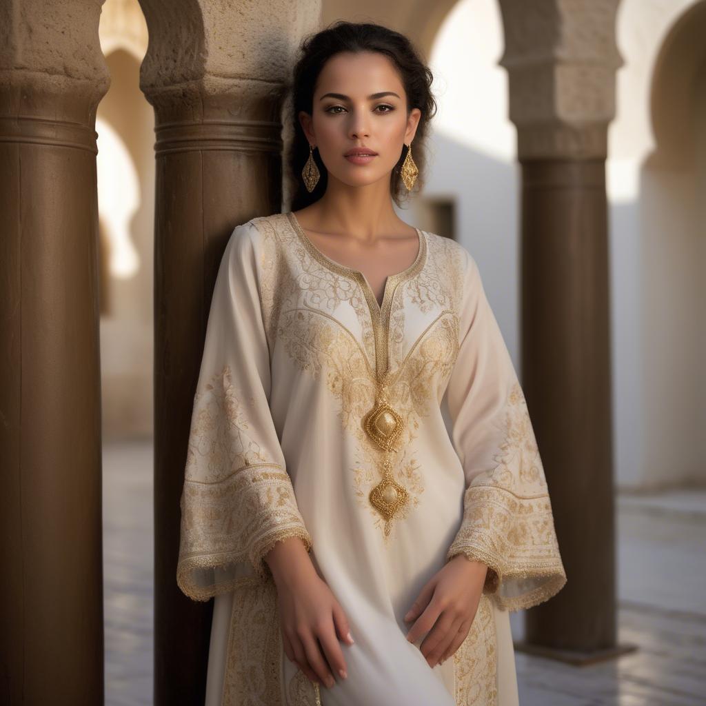 A stunning image of tunisian elegance wearing a delicate embroidered ensemble illuminated by soft golden reflections.