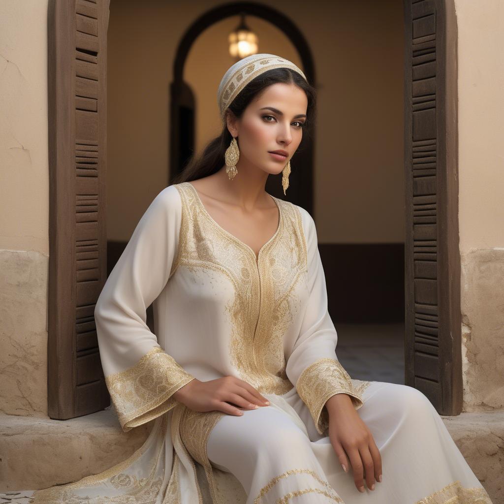 A stunning image of tunisian elegance wearing a delicate embroidered ensemble illuminated by soft golden reflections.