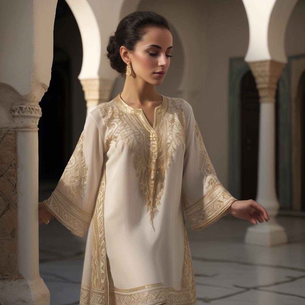 A stunning image of tunisian elegance wearing a delicate embroidered ensemble illuminated by soft golden reflections.