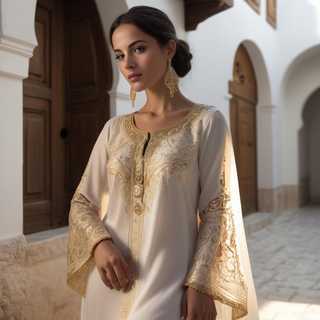 A stunning image of tunisian elegance wearing a delicate embroidered ensemble illuminated by soft golden reflections.