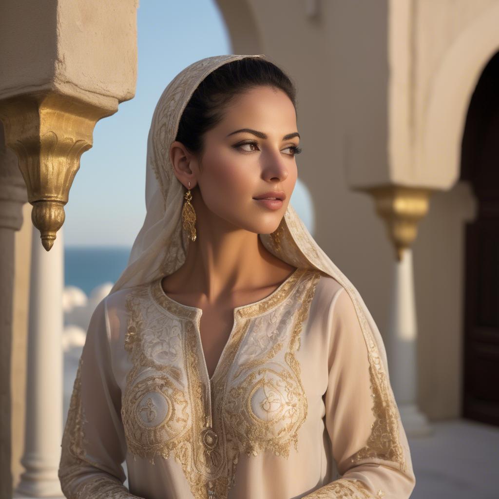 A stunning image of tunisian elegance wearing a delicate embroidered ensemble illuminated by soft golden reflections.