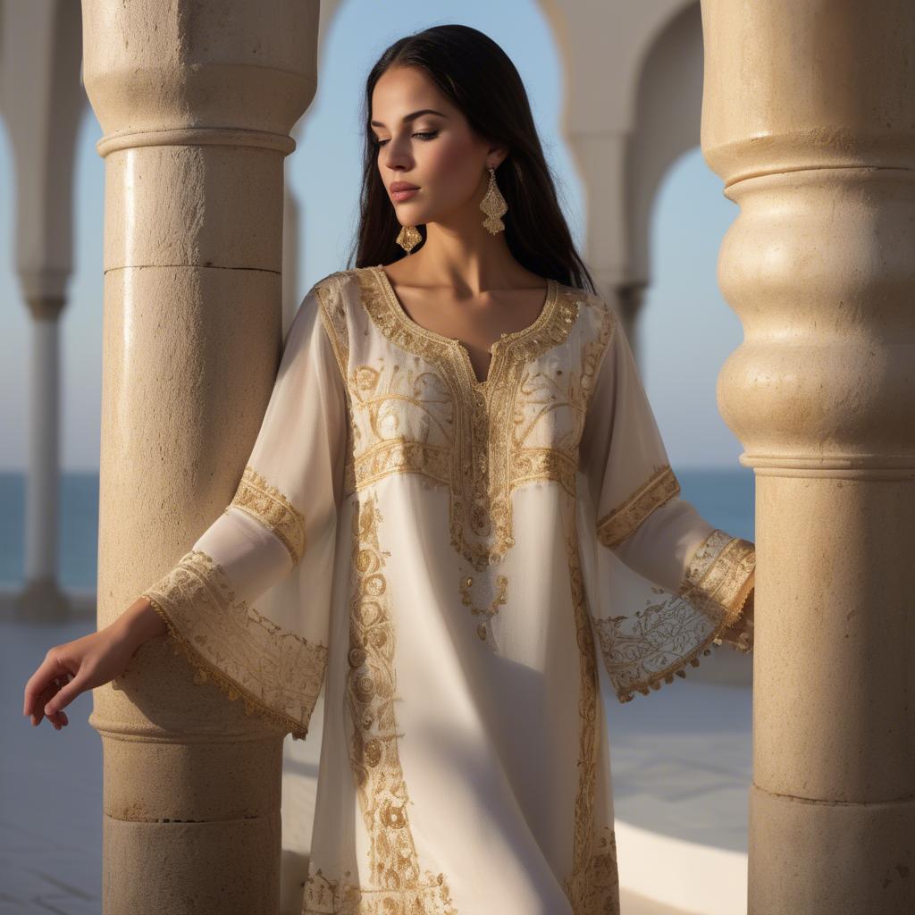 A stunning image of tunisian elegance wearing a delicate embroidered ensemble illuminated by soft golden reflections.