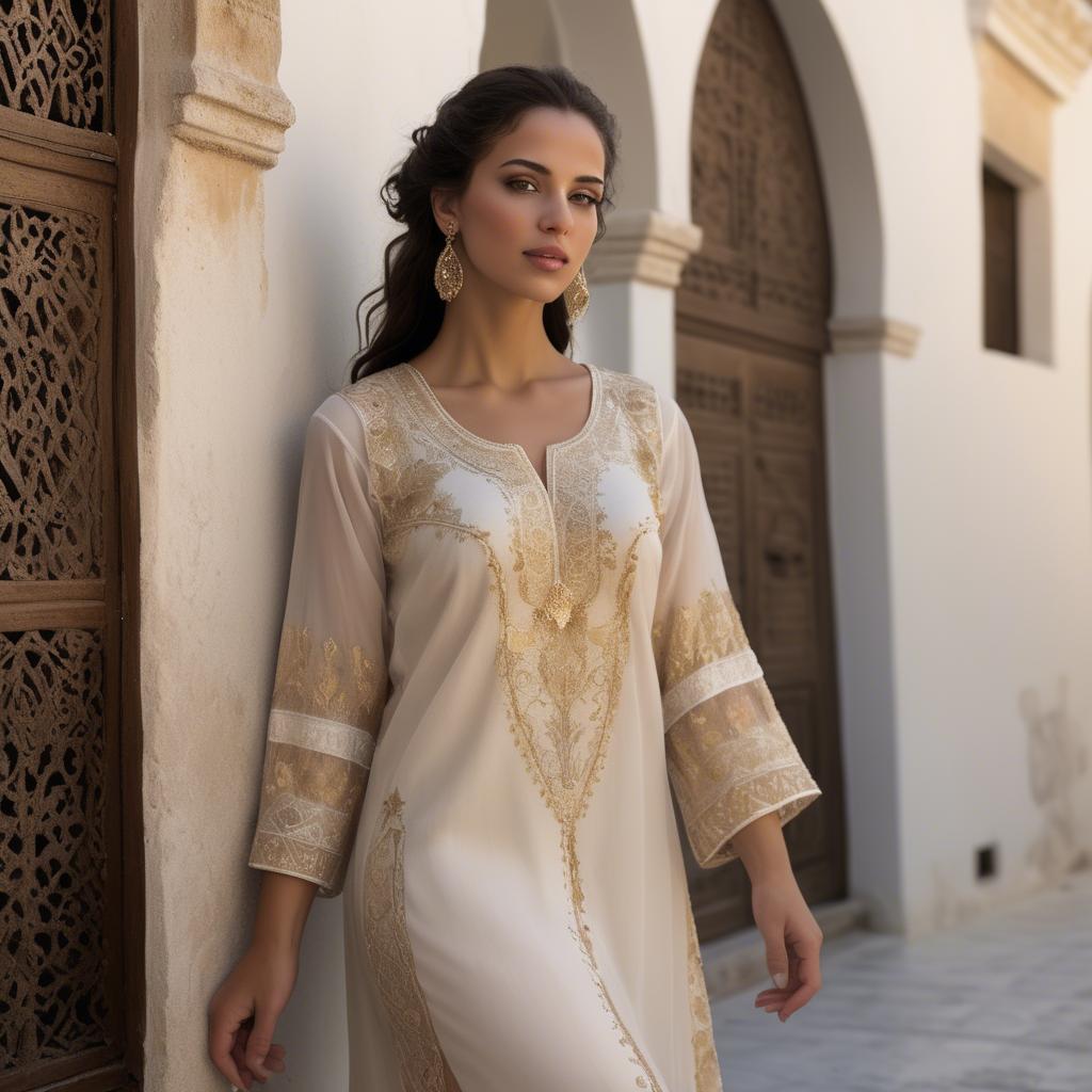 A stunning image of tunisian elegance wearing a delicate embroidered ensemble illuminated by soft golden reflections.