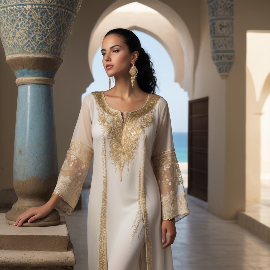 A stunning image of tunisian elegance wearing a delicate embroidered ensemble illuminated by soft golden reflections.