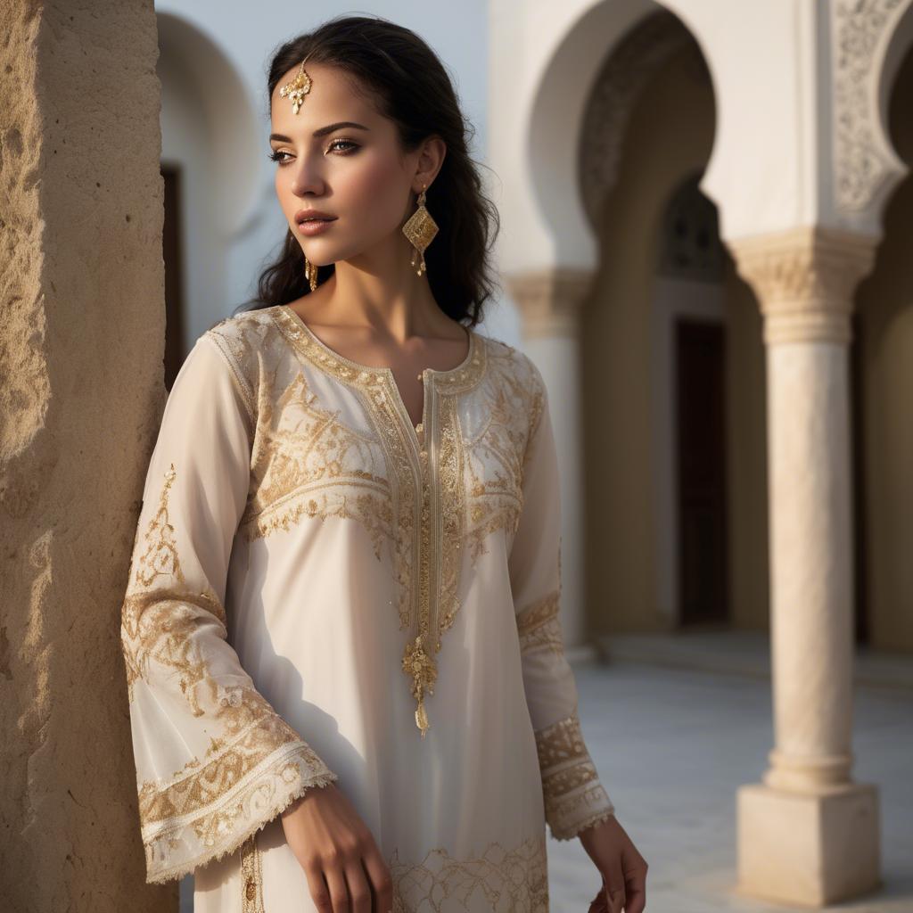 A stunning image of tunisian elegance wearing a delicate embroidered ensemble illuminated by soft golden reflections.