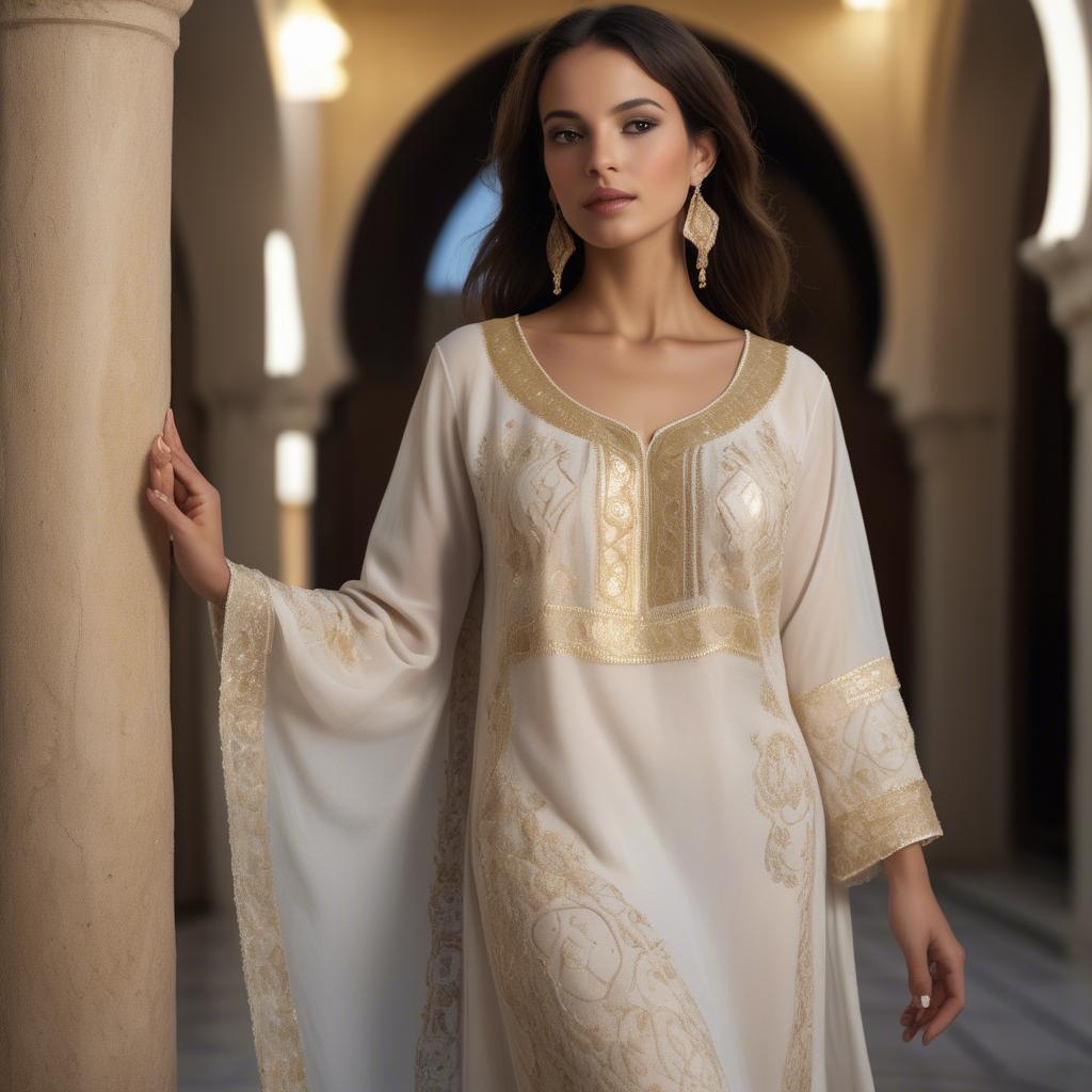 A stunning image of tunisian elegance wearing a delicate embroidered ensemble illuminated by soft golden reflections.