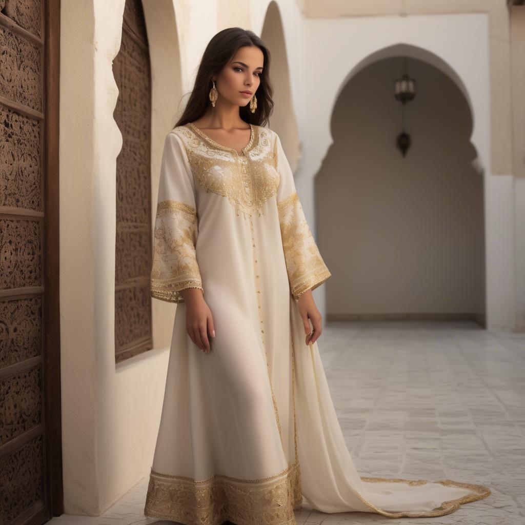 A stunning image of tunisian elegance wearing a delicate embroidered ensemble illuminated by soft golden reflections.