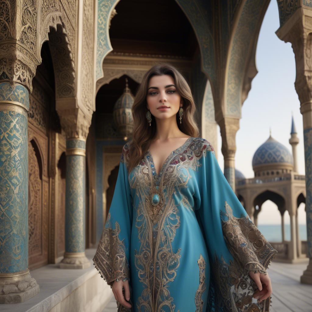 A stunning image of turkish enchantress in a richly embroidered kaftan surrounded by ornate architecture.
