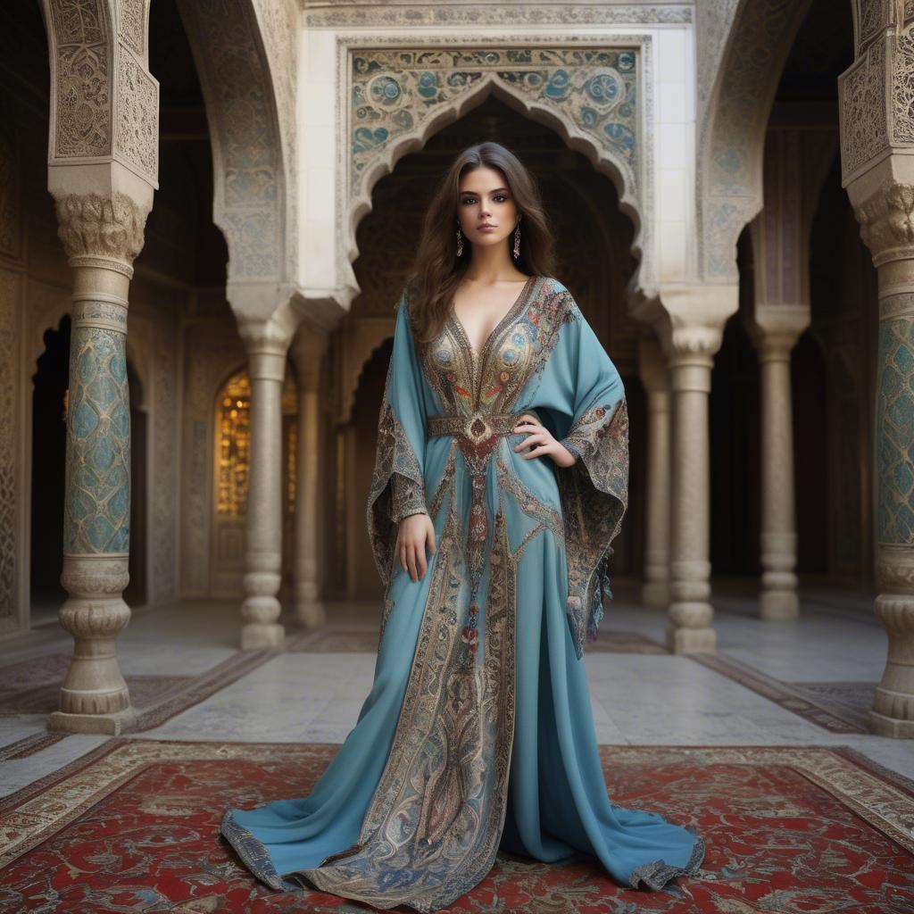 A stunning image of turkish enchantress in a richly embroidered kaftan surrounded by ornate architecture.