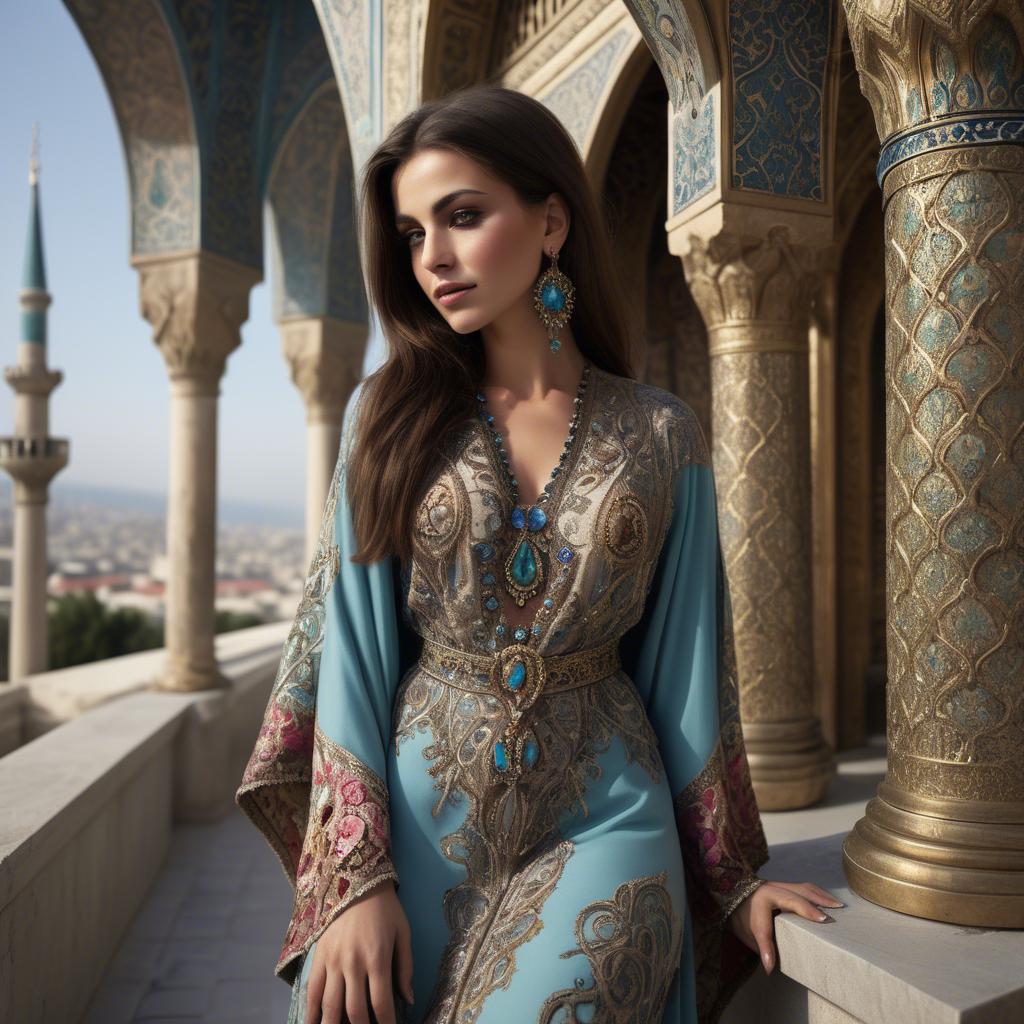 A stunning image of turkish enchantress in a richly embroidered kaftan surrounded by ornate architecture.