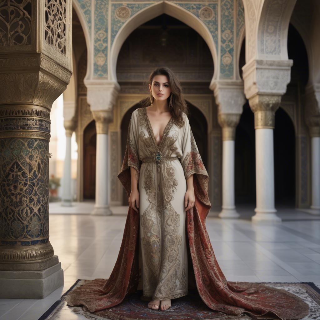A stunning image of turkish enchantress in a richly embroidered kaftan surrounded by ornate architecture.