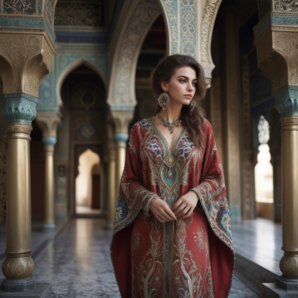 A stunning image of turkish enchantress in a richly embroidered kaftan surrounded by ornate architecture.
