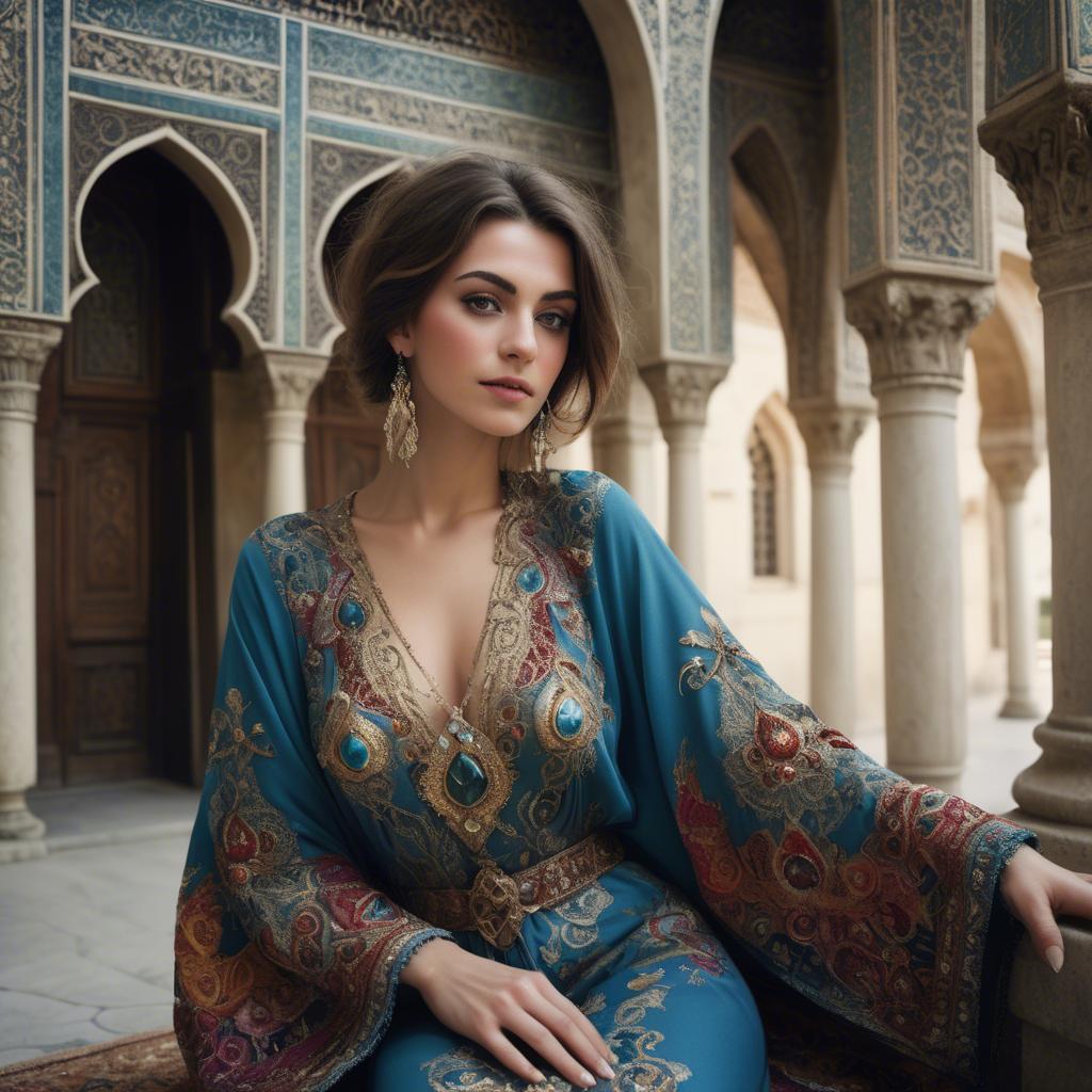 A stunning image of turkish enchantress in a richly embroidered kaftan surrounded by ornate architecture.