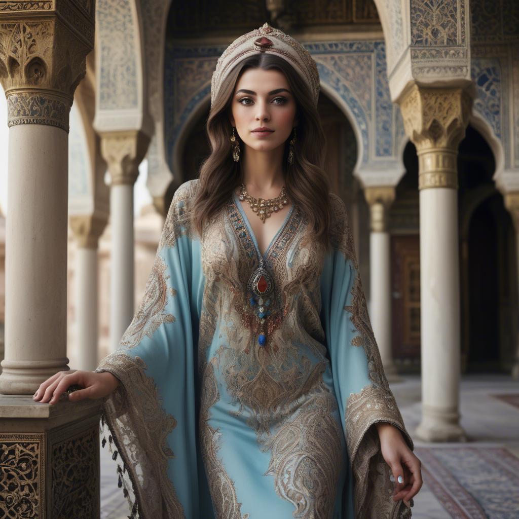 A stunning image of turkish enchantress in a richly embroidered kaftan surrounded by ornate architecture.