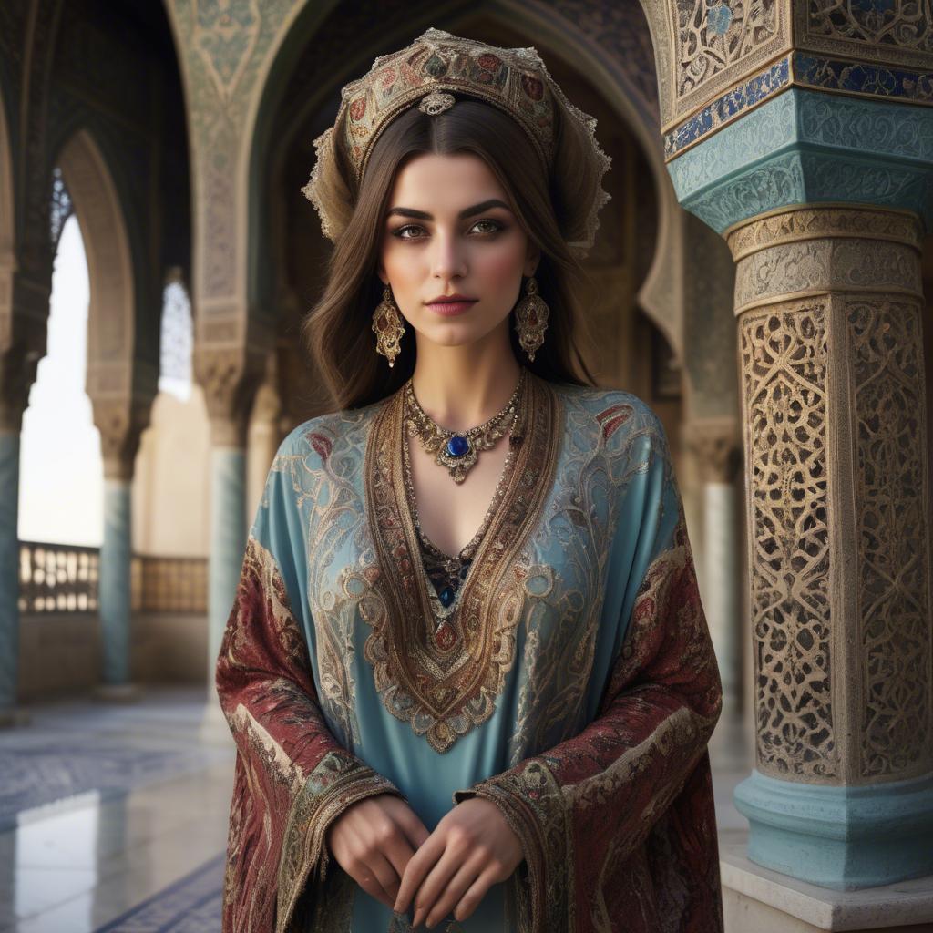 A stunning image of turkish enchantress in a richly embroidered kaftan surrounded by ornate architecture.