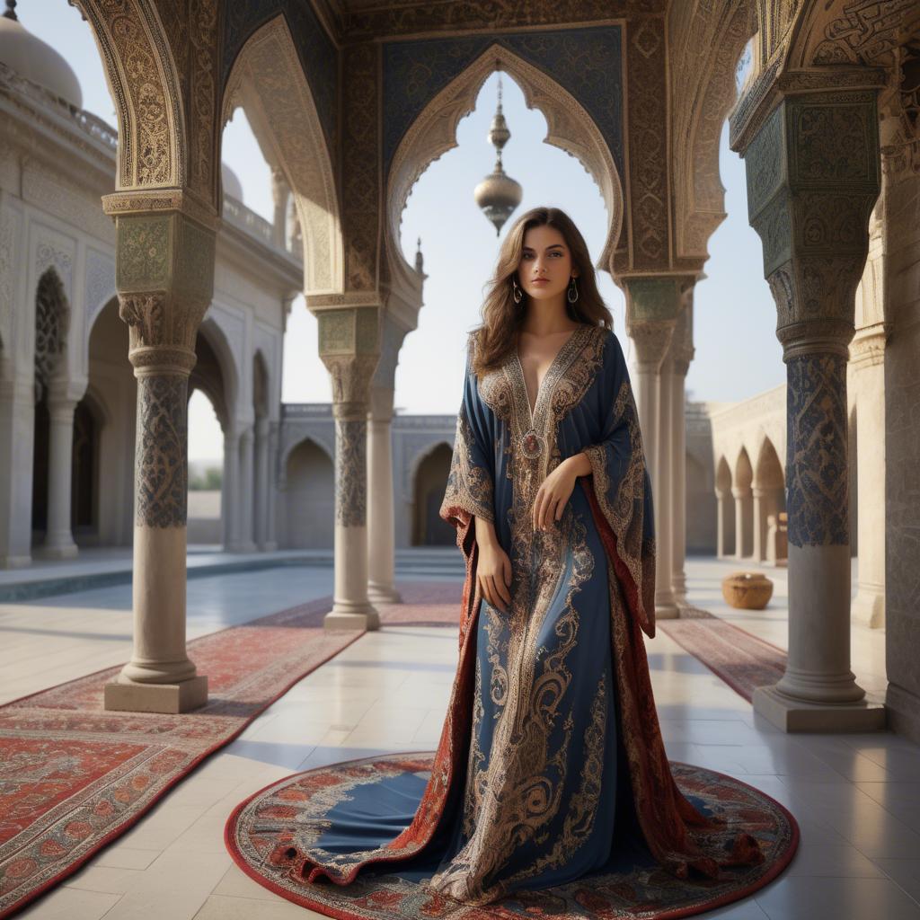 A stunning image of turkish enchantress in a richly embroidered kaftan surrounded by ornate architecture.