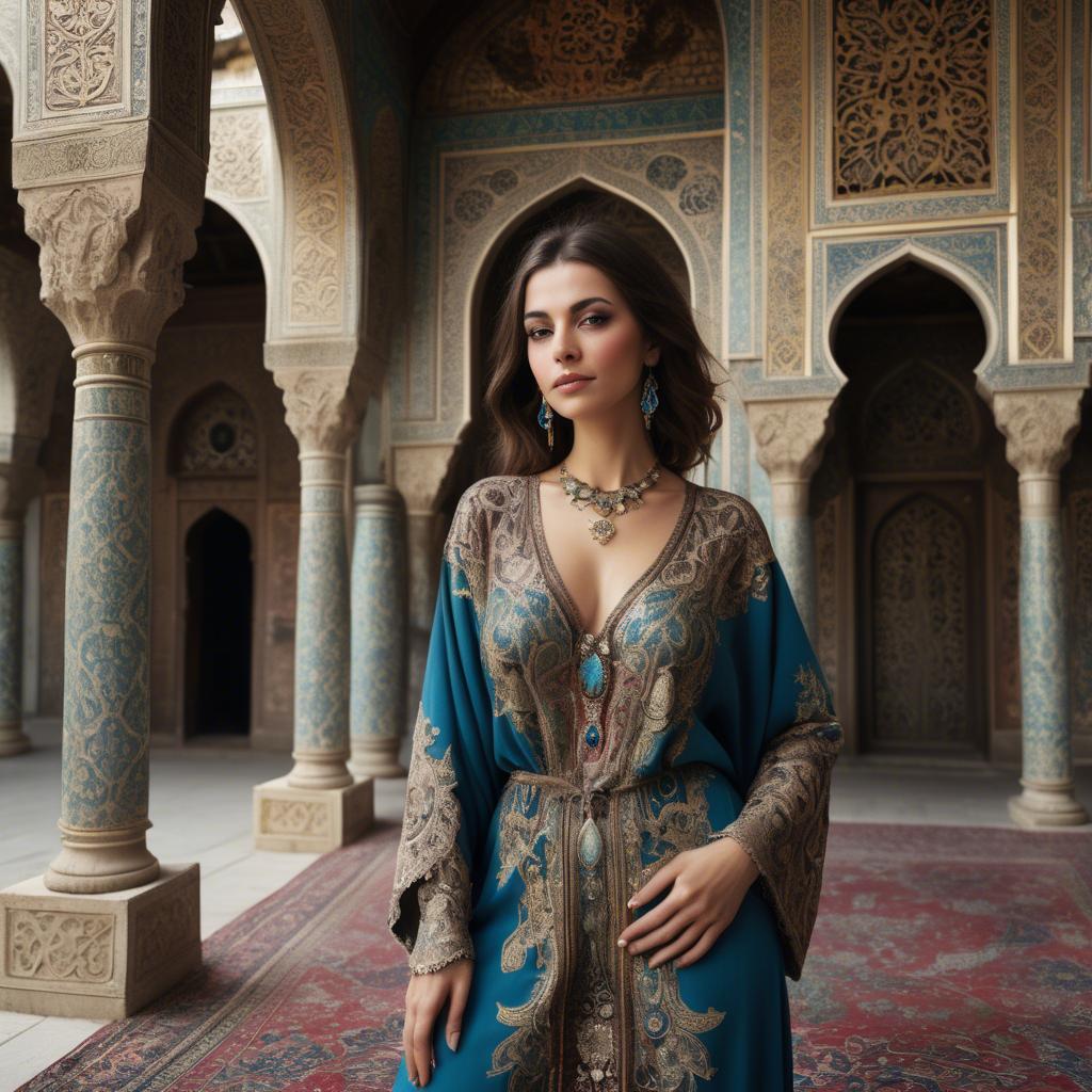 A stunning image of turkish enchantress in a richly embroidered kaftan surrounded by ornate architecture.