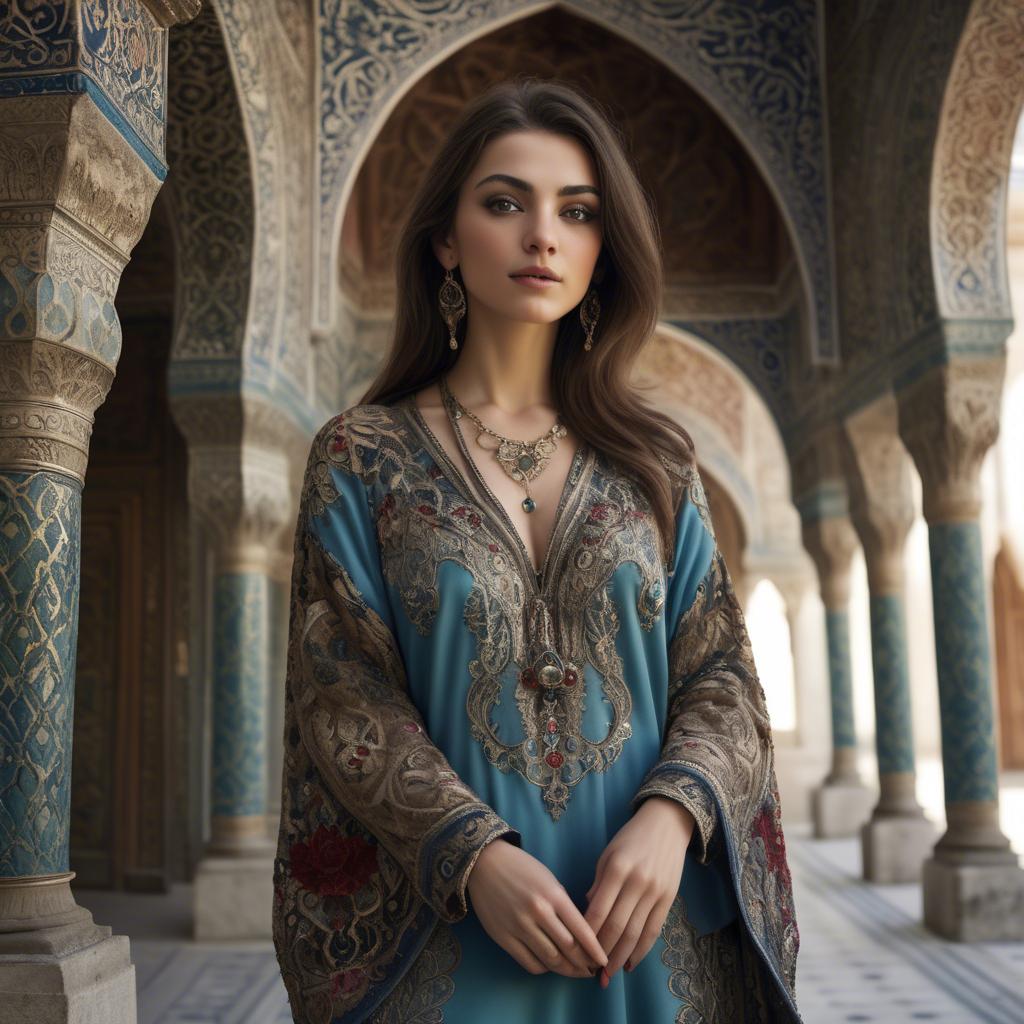A stunning image of turkish enchantress in a richly embroidered kaftan surrounded by ornate architecture.