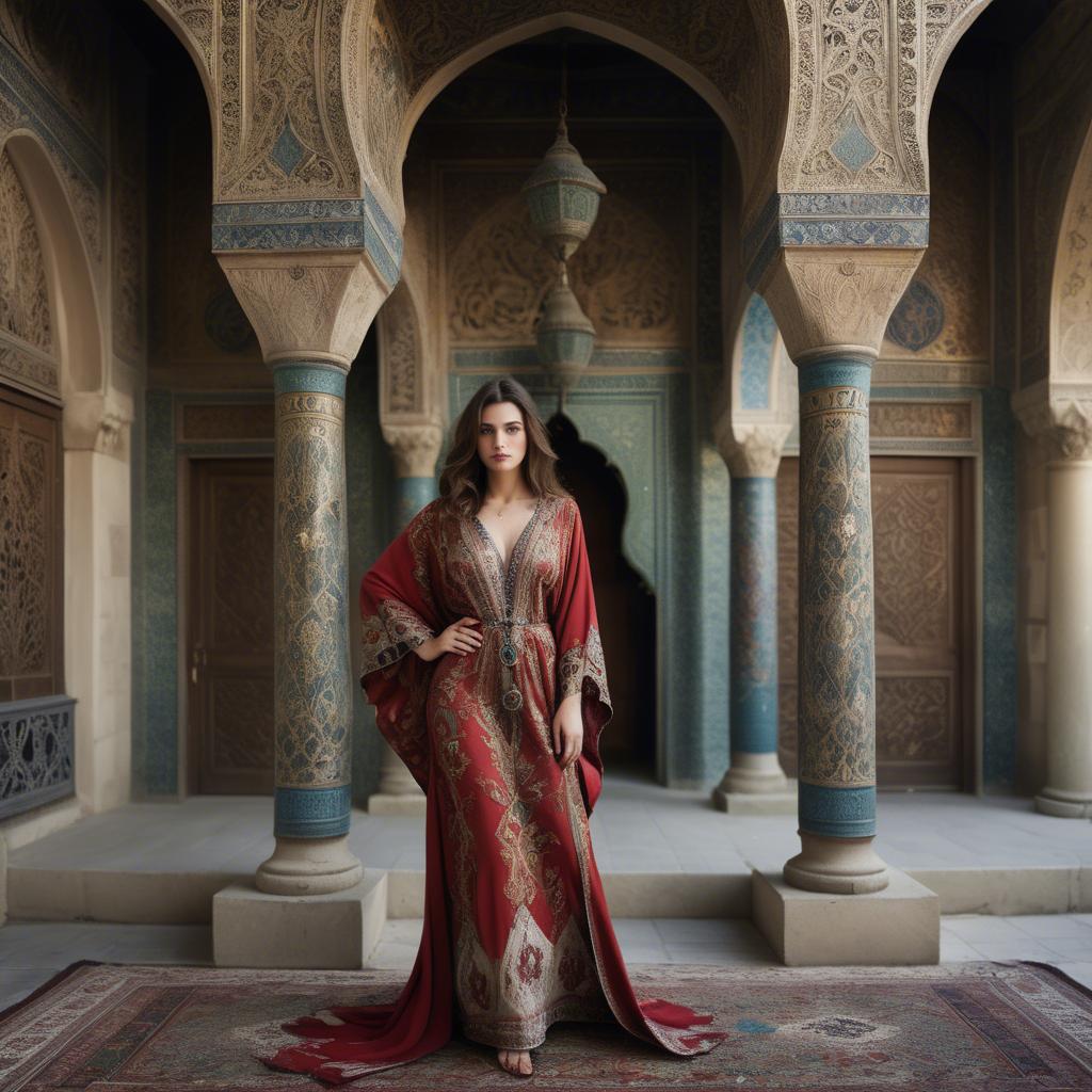 A stunning image of turkish enchantress in a richly embroidered kaftan surrounded by ornate architecture.