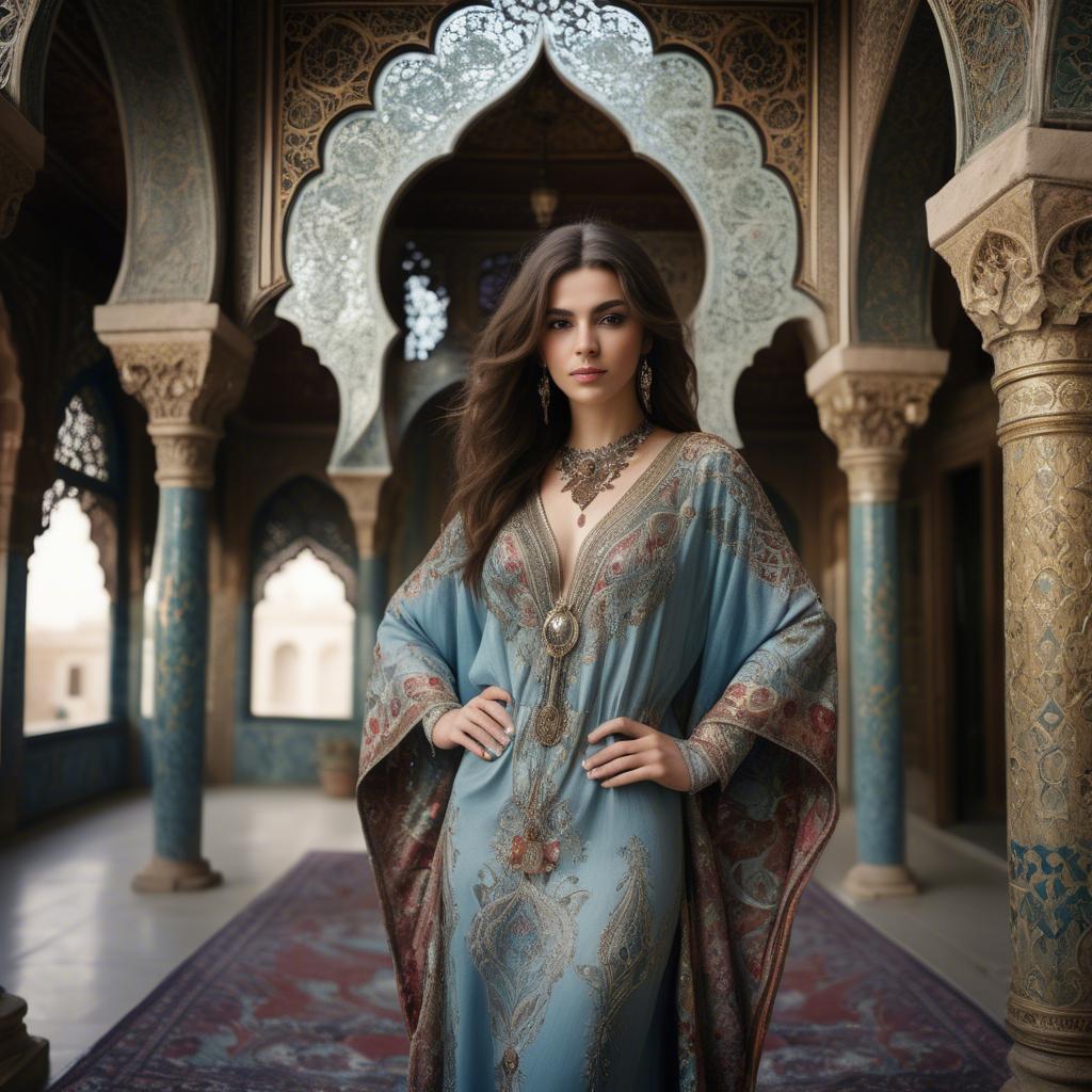 A stunning image of turkish enchantress in a richly embroidered kaftan surrounded by ornate architecture.