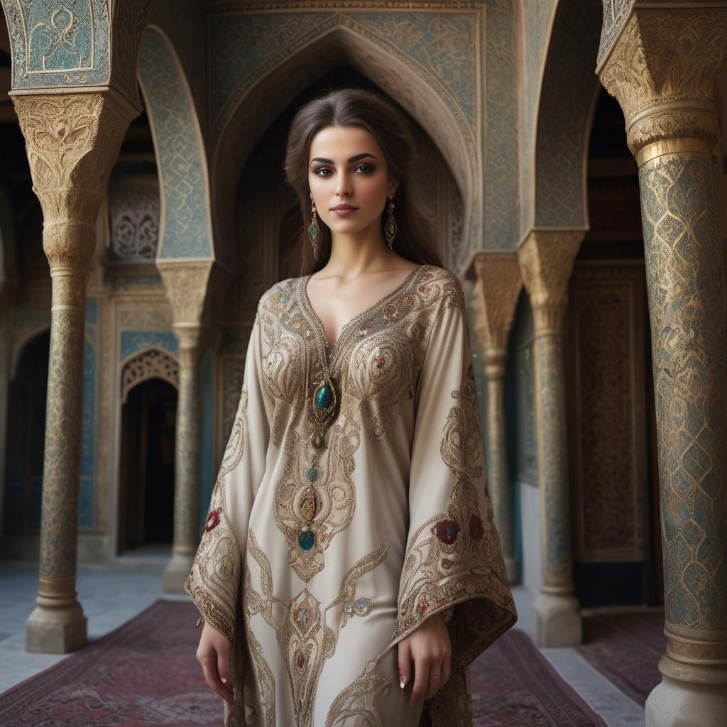 A stunning image of turkish enchantress in a richly embroidered kaftan surrounded by ornate architecture.