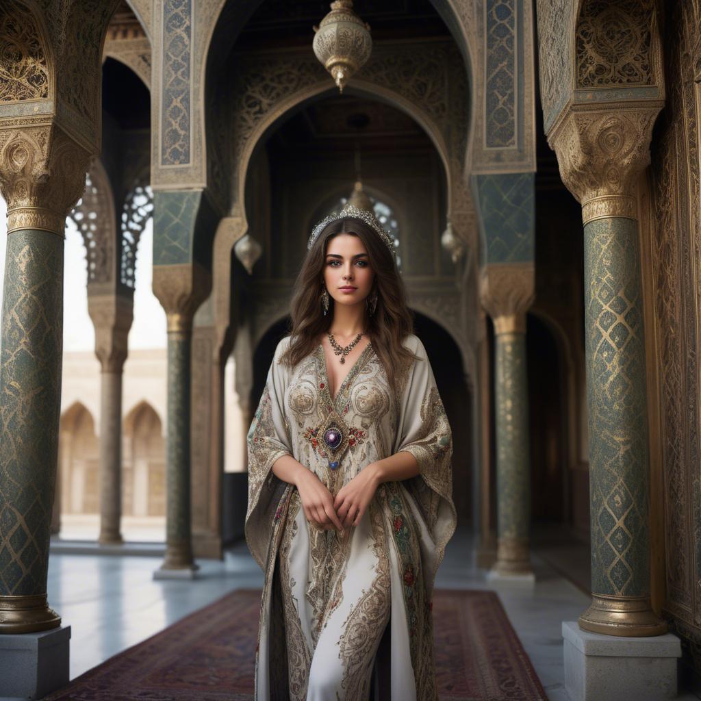 A stunning image of turkish enchantress in a richly embroidered kaftan surrounded by ornate architecture.