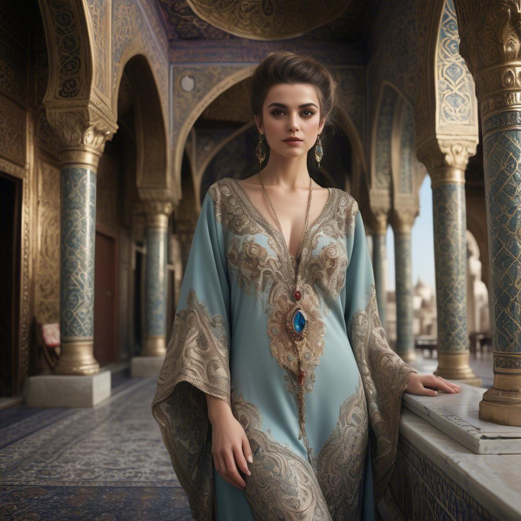 A stunning image of turkish enchantress in a richly embroidered kaftan surrounded by ornate architecture.