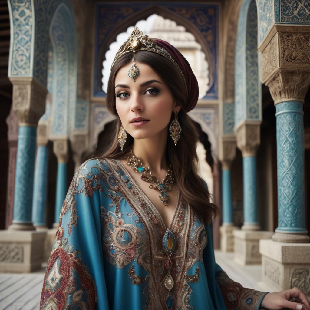A stunning image of turkish enchantress in a richly embroidered kaftan surrounded by ornate architecture.