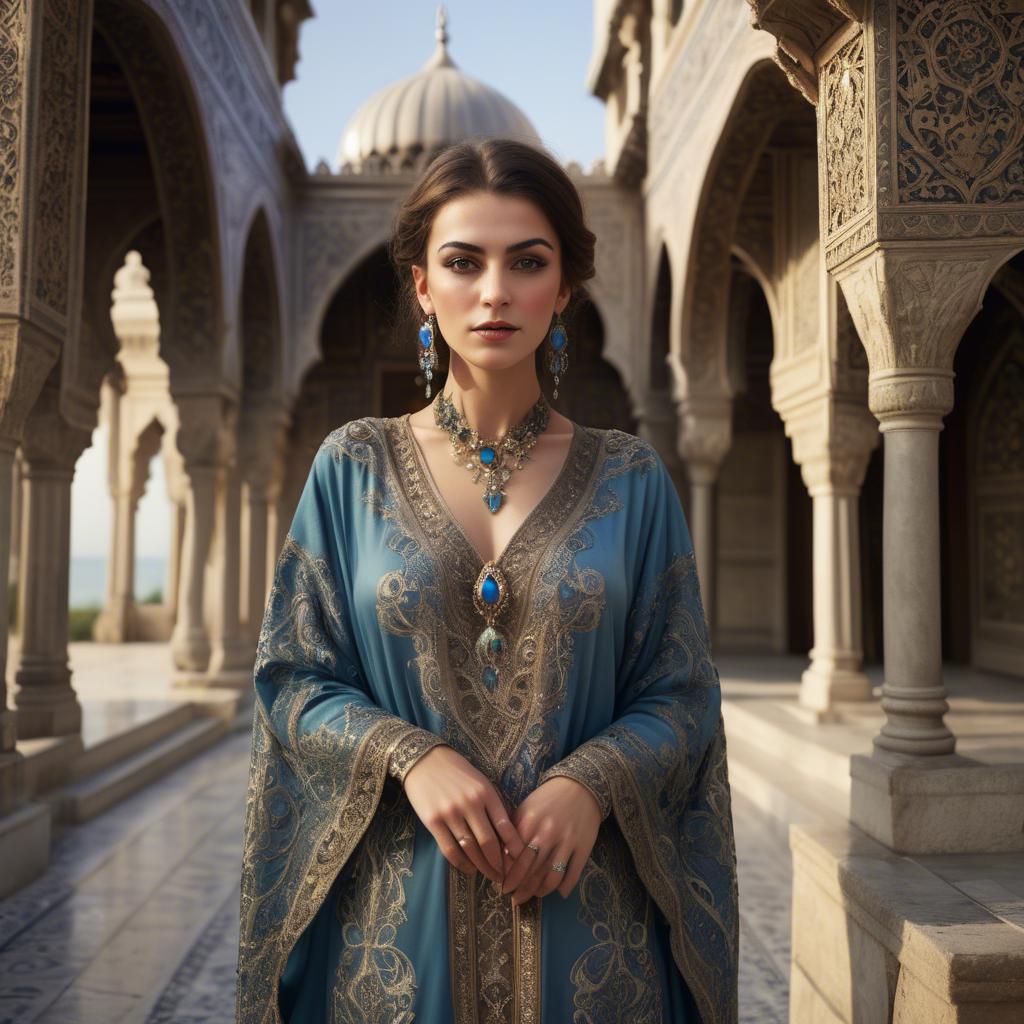 A stunning image of turkish enchantress in a richly embroidered kaftan surrounded by ornate architecture.