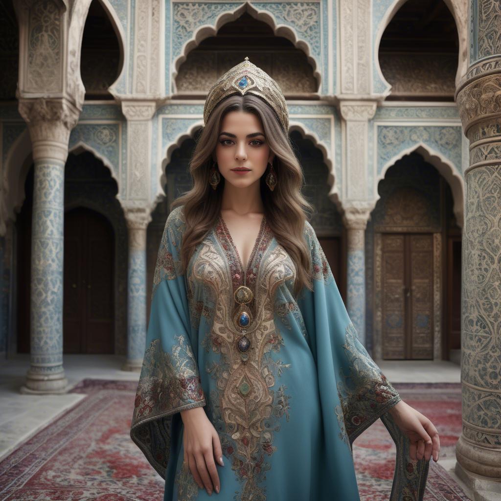 A stunning image of turkish enchantress in a richly embroidered kaftan surrounded by ornate architecture.
