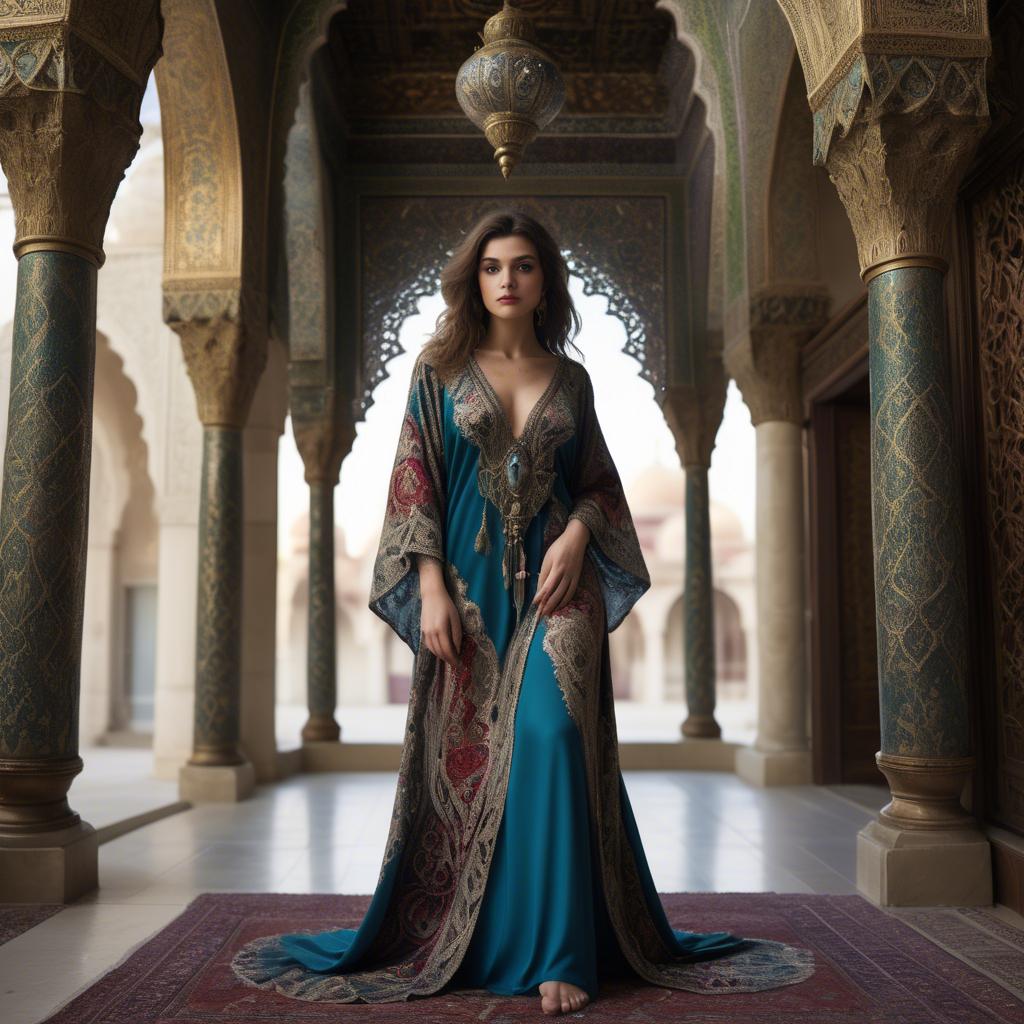 A stunning image of turkish enchantress in a richly embroidered kaftan surrounded by ornate architecture.